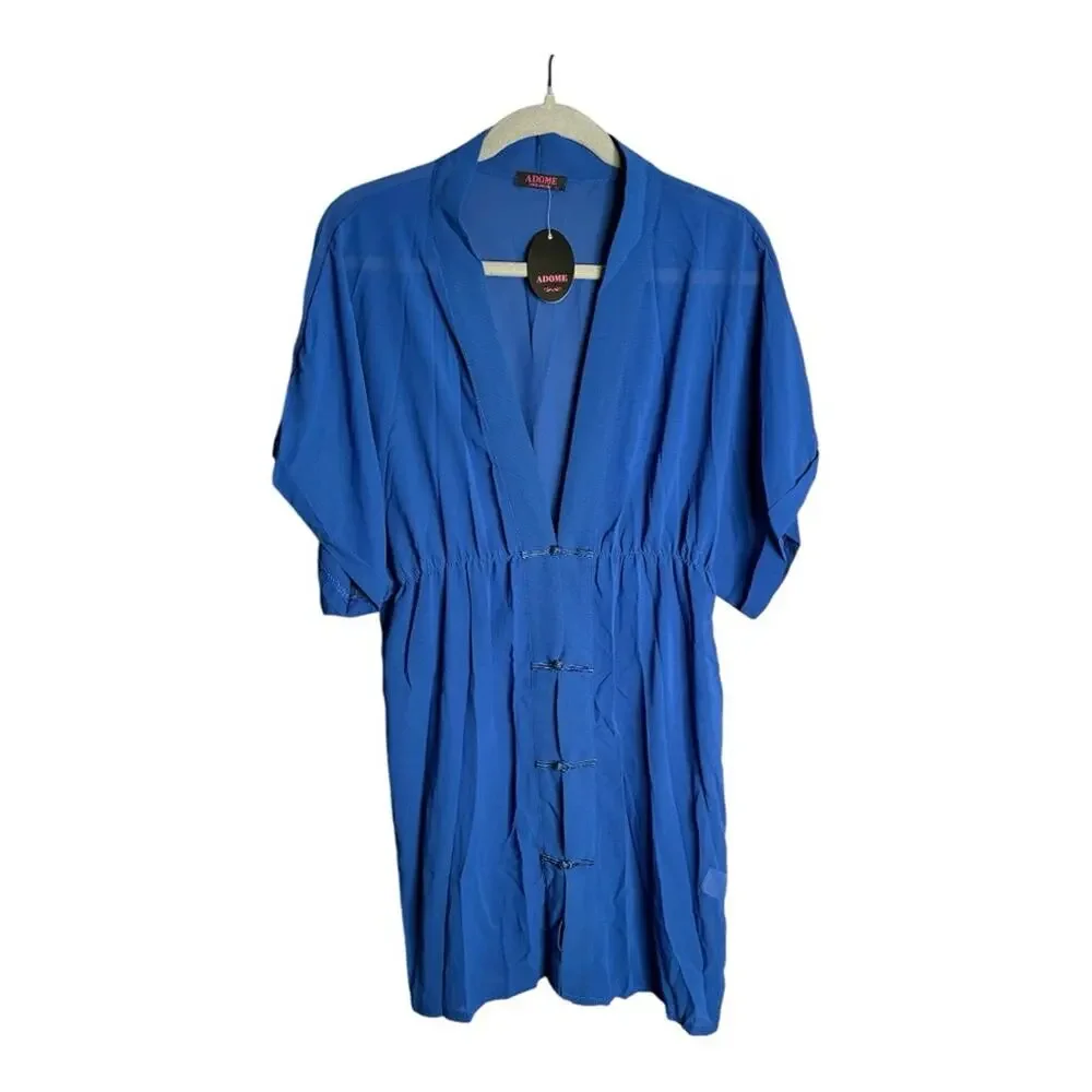 Adome Dark Blue Short Sleeve Sheer Kimono Robe Fabric Buttoned Front Large